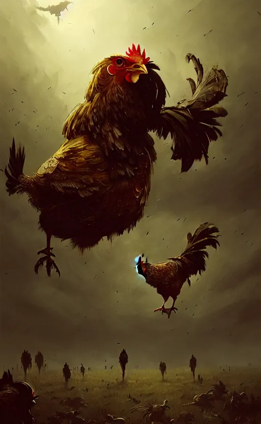 Prompt: chicken apocalypse, wide angle shot by greg rutkowski