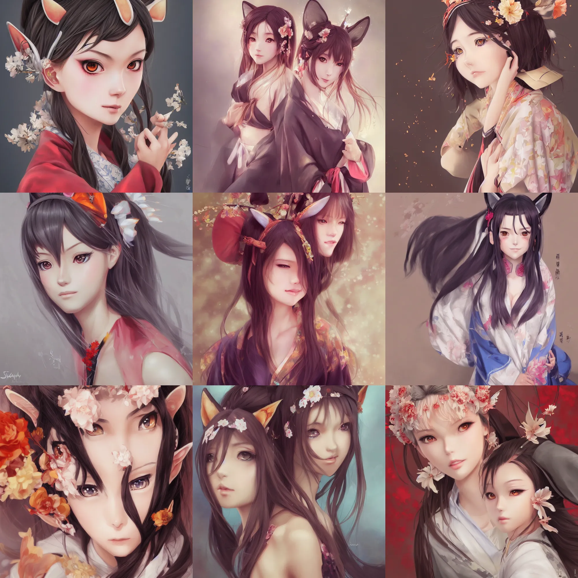 Prompt: A realistic anime portrait of a beautiful young woman with fox ears wearing a kimono, digital painting, by Stanley Artgerm Lau and Sakimichan, digtial painting, trending on ArtStation, deviantart