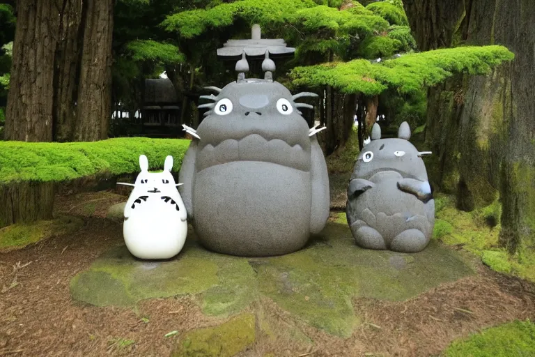 Image similar to shinto shrine statue of totoro in a wooden shrine