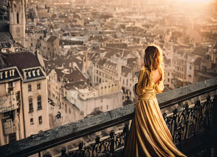 Image similar to a beautiful queen stands on a balcony overlooking a fantasy medieval gothic city, beautiful dramatic golden light and glow rays, 3 5 mm photography