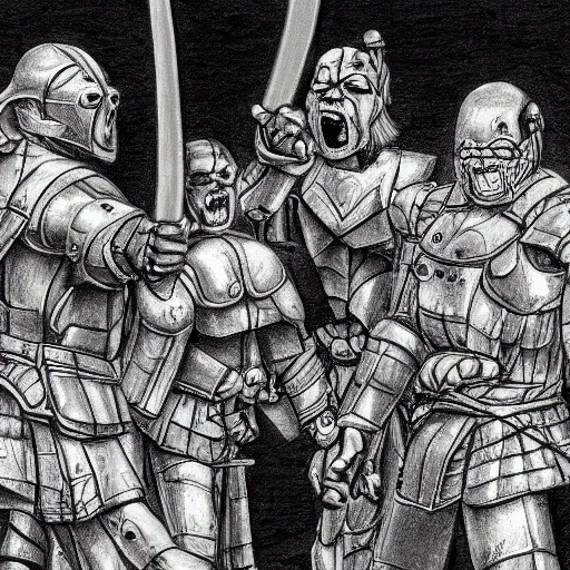 Prompt: highly detailed realistic sketch of The Hague members yelling at a cyborg samurai, fear and anger in their eyes, award winning , masterpiece on a scroll , post-processing