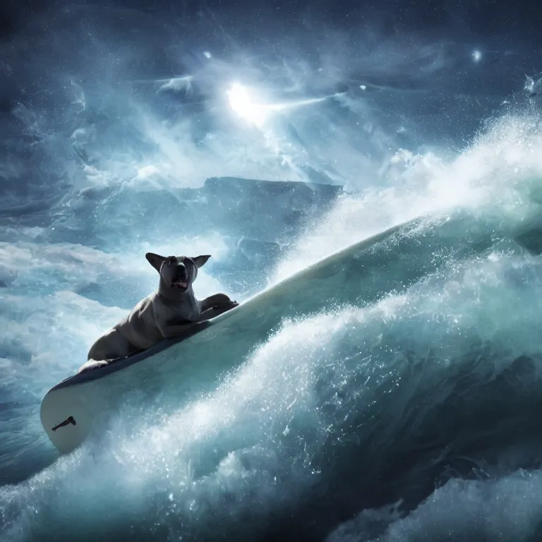 Prompt: photo of a dark gray white coat pit bull with a white paws, surfing on a surfboard in a crashing wave of alien ocean in space, background is an alien galaxy, aliens in the background, alien colors, octane render, unreal engine, wide view, 8 k, high detaild