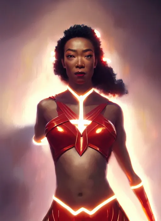 Image similar to portrait of modern darna, sonequa martin - green, intricate, elegant, glowing lights, highly detailed, digital painting, artstation, glamor pose, concept art, smooth, sharp focus, illustration, art by wlop, mars ravelo and greg rutkowski