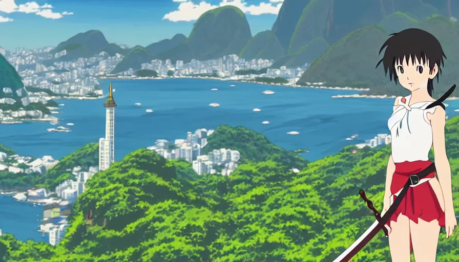 Image similar to 8 k screencap of a girl with a sword on a rio de janeiro anime, by hayao miyazaki, studio ghibli, rio background extremely high quality artwork