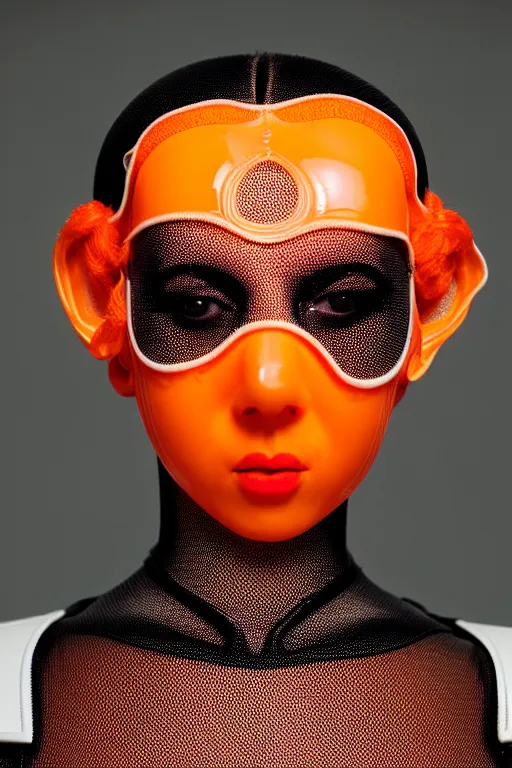 Image similar to symmetrical portrait of a woman wearing an orange embroidered translucent silicone mask and white hair buns, wearing a black bodysuit by alexander mcqueen, white background, soft diffused light, biotechnology, humanoide robot, futuristic aesthetic, translucent, ethereal, intricate details, highly detailed, masterpiece,