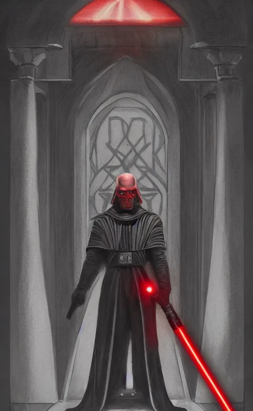Prompt: « a beautiful drawing of darth bane creates a rule of two in an ancient sith temple stylized as a catholic church, very realistic, trendin on artstation »