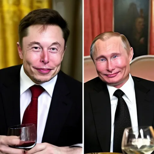 Prompt: elon reeve musk and vladimir vladimirovich putin look very happy drinking wine in the white house