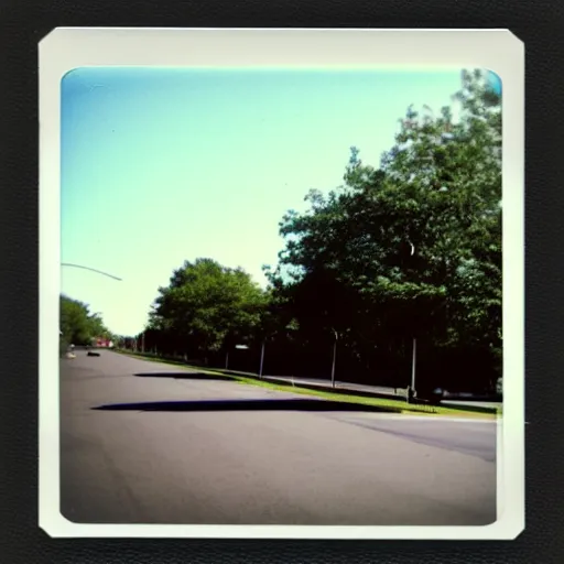 Prompt: Polaroid photograph of a liminal middle class American suburb, empty street, broad daylight