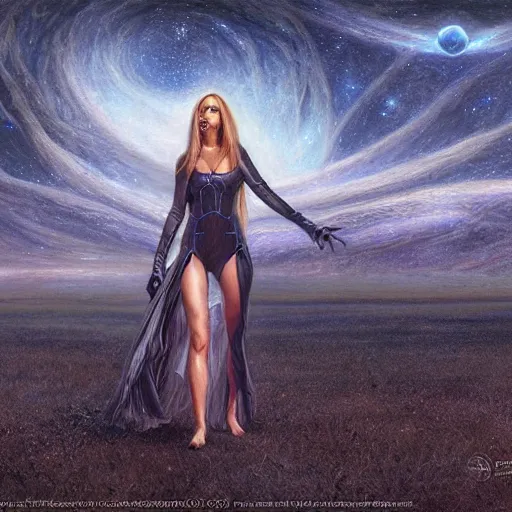 Image similar to pleiadian woman with big eyes and long silver hair wearing a dark body suit and wielding a plasma gun as a realistic sci fi character, portrait art by donato giancola and greg rutkowski, digital art, trending on artstation, standing in a barren field