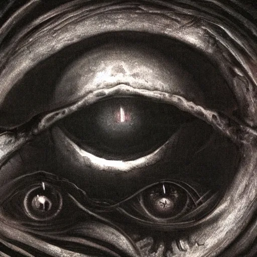 Prompt: gothic art closeup of a eyeball with many pupils by h. r. giger