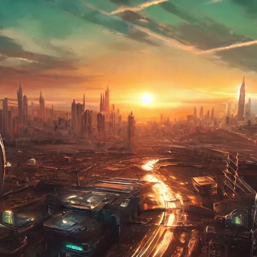 Prompt: sci-fi city landscape, sunset, photorealistic, 4k, high detail,