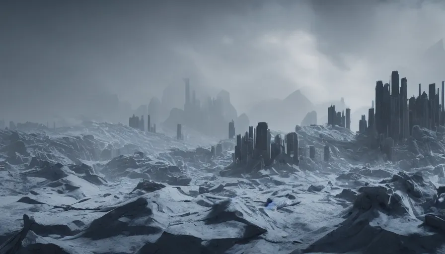 Prompt: brutalist grey fortress in edge of artic mountains snow hills in the distance, volumetric light, storm, hyperdetailed, artstation, cgsociety, 8 k