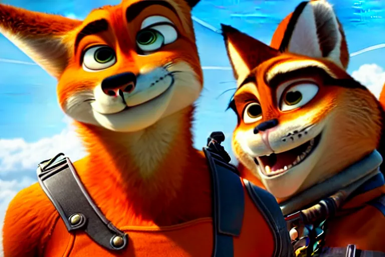 Image similar to nick wilde ( from zootopia ), heavily armed and armored facing down armageddon in a dark and gritty reboot from the makers of mad max : fury road