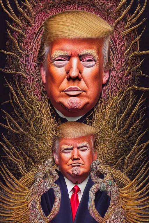 Image similar to highly detailed portrait of donald trump by alex grey, patrick woodroffe, mark ryden created by gustave dore and greg rutkowski, high detailed, smooth draw, synthwave neon retro, intricate, realistic proportions, dramatic lighting, trending on artstation