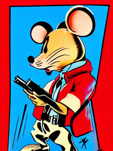 Image similar to an anthropomorphic mouse holding two guns, art by frank miller