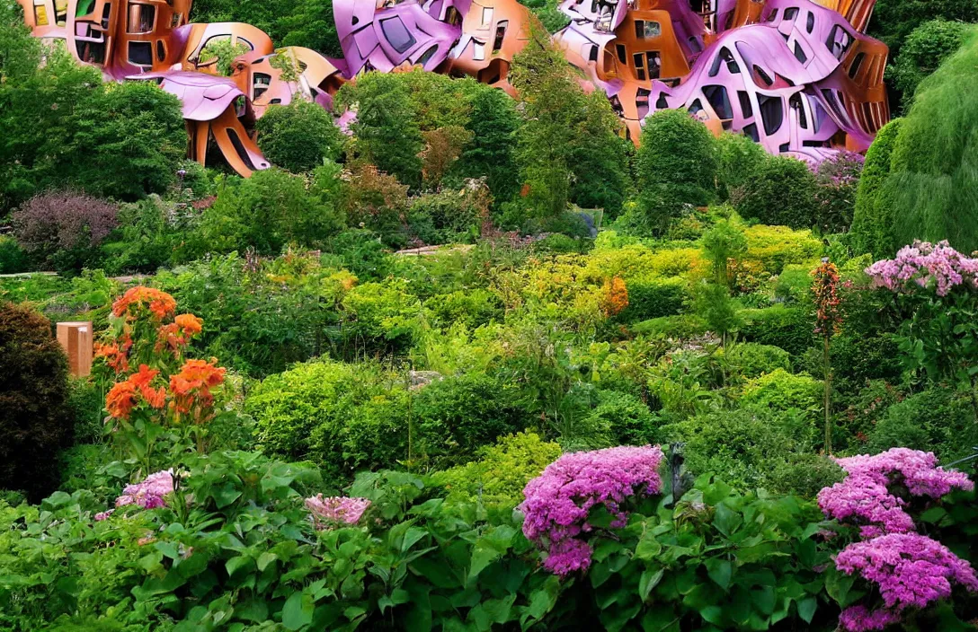 Prompt: garden idyll macabre wonderland rhythmic flow of tones building by frank gehry building by frank gehry