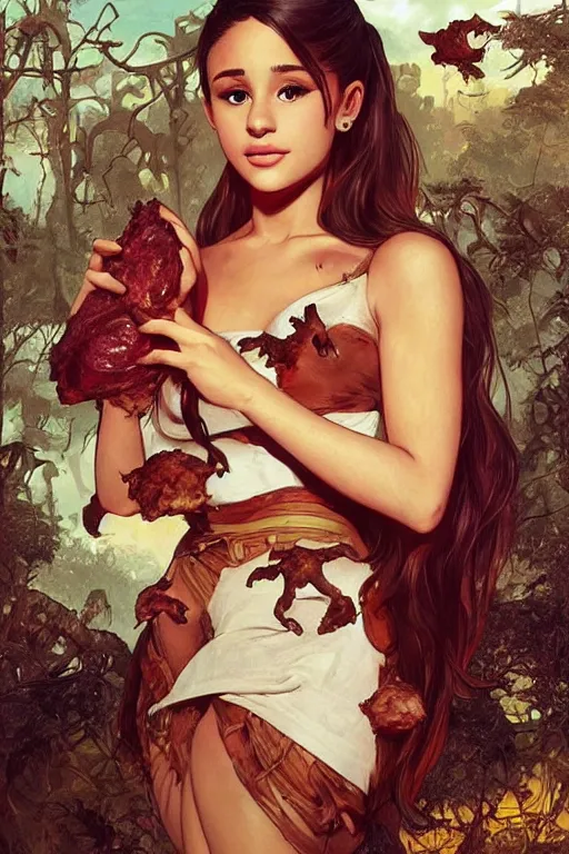 Image similar to beautiful cottagecore Ariana Grande holding a rotten chunk of meat. intricate, elegant. the background is zombies !. highly detailed, digital painting, artstation, concept art, smooth, sharp, focus, illustration. . art by artgerm and greg rutkowski and alphonse mucha