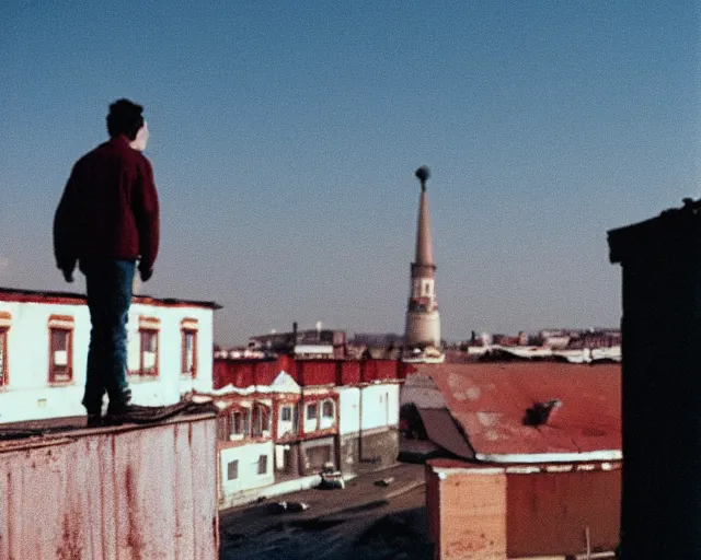 Image similar to lomo photo of man standing on the roof of soviet hrushevka, small town, cinestill, bokeh, out of focus