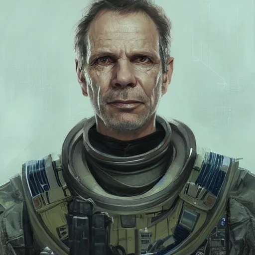 Image similar to portrait of a man by greg rutkowski, michael biehn as an space security officer, he is about 6 0 years old, military composure, wearing the tactical gear of weyland company, highly detailed portrait, digital painting, artstation, concept art, smooth, sharp foccus ilustration, artstation hq