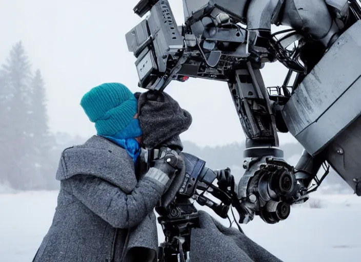 Image similar to a beautiful, cold metal robot that is kissing a cinematographer