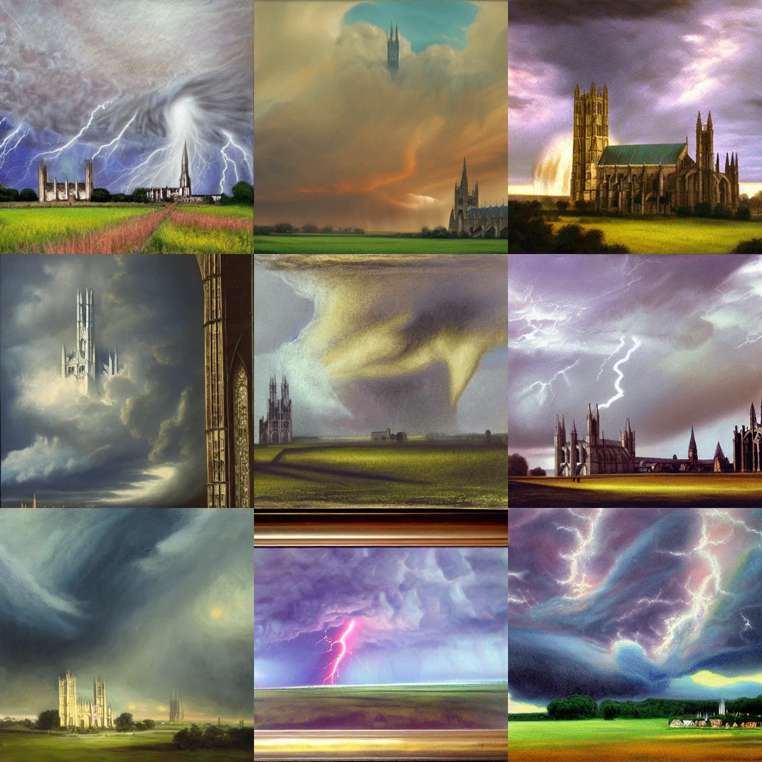 Prompt: Canterbury Cathedral during a supercell storm, pixta.jp, pastel art