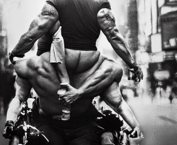 Image similar to Dwayne the Rock Johnson riding on the back of Adam Sandler, doing Methamphetamine at Times Square, photograph by Alfred Eisenstaedt, 4K, dramatic lighting; 4K 8K