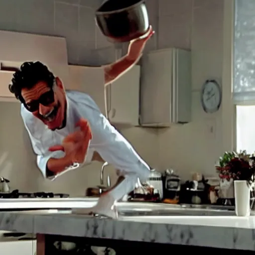 Prompt: jeff goldblum bouncing upside down in his kitchen