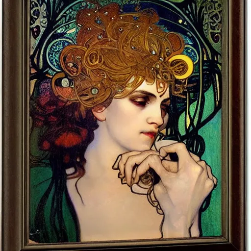 Prompt: salome among the stars beautiful detailed romantic art nouveau face portrait by alphonse mucha and gustav klimt, hauntingly beautiful refined moody celestial dreamscape