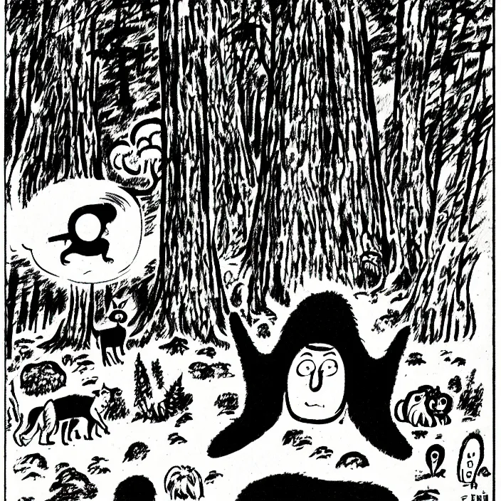 Image similar to a still frame from comic strip, one black furry hairy dog sitting in an ancient forest, centered composition 1 9 5 0, herluf bidstrup, new yorker illustration, monochrome bw, lineart, manga, tadanori yokoo, simplified,