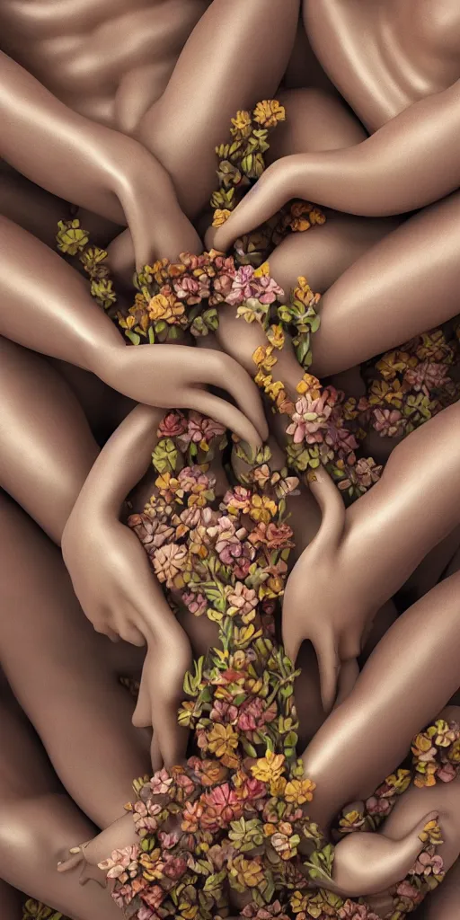 Image similar to closeup photograph of a surrealist sculpture human bodies intertwined, a lovely cornucopia of flowers and human body parts, body parts, muted color palette, skin tones, golden ratio, perfect geometry, highly detailed, octane render, cinematic