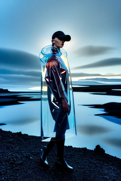 Image similar to an ultra high definition professional high fashion portrait studio full length photograph of a model wearing a transparent pearlescent raincoat and neon visor in an icelandic black rock environment at dawn. no artefacts. extremely detailed. stark. refraction. shallow depth of field. volumetric light and shadow. ray tracing. light rays.