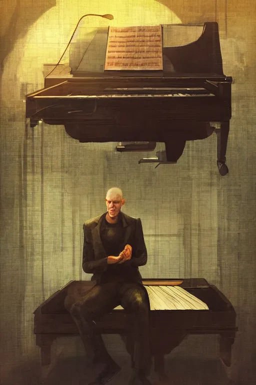 Image similar to an expressive full body portrait of agent 4 7 playing the piano in a monastery, dark background, red rim light, digital art, artstation, concept art by giger stalenhag