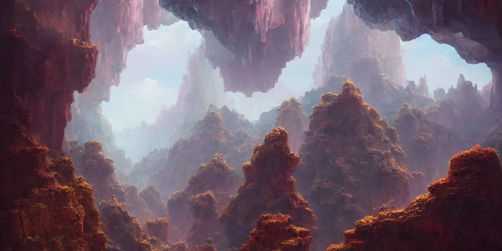 Image similar to fantasy painting of a cloudy canyon, intricate abstract. delicate artwork. by tooth wu, wlop, beeple, dan mumford. octane render, trending on artstation, greg rutkowski very coherent symmetrical artwork. cinematic, hyper realism, high detail, octane render, 8 k, depth of field, bokeh. chrome accents.