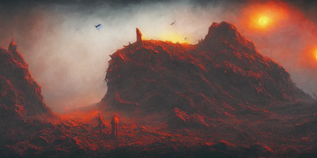 Image similar to ultrawide shot of hell landscape, golden birds, obsidian creatures, postapocalyptic, beksinski, concept art, style by anato finnstark