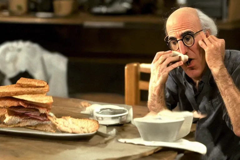 Prompt: larry david eating a sandwich, the blair witch project film still, greyscale