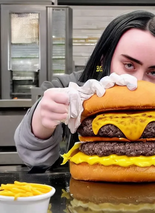 Prompt: ad photo of billie eilish working on a mcdonalds, making a cheeseburger highly detailed