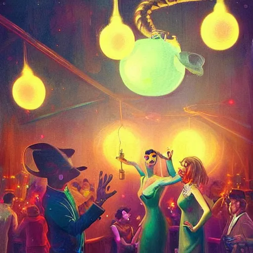 Prompt: young aliens in a fancy vintage nightclub dancing and drinking, partylights, great colors, by esao andrews, trending on artstation