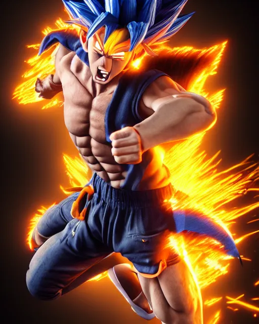 Image similar to 3 d high octane render, 8 k hyperrealism, unreal engine, photorealistic goku, portrait, dynamic lighting, photorealistic, unreal engine, octane, ultra detailed, detailed faces, hd quality, life like, high render, hd resolution