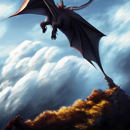 Image similar to Dragon flying above the clouds, digital art, 4K, dramatic lighting