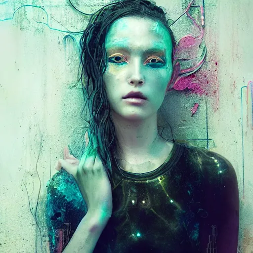 Image similar to female cyberpunk portrait by cy Twombly and BASTIEN LECOUFFE DEHARME and zhang jingna, iridescent,