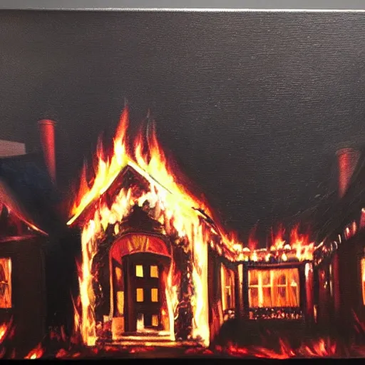 Prompt: Kanye Donda listening party house, dark oil painting, flames, fire