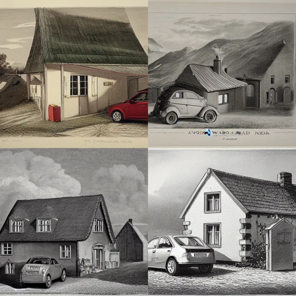 Prompt: a lithograph of a Norwegian house with a skoda fabia parked in the carport