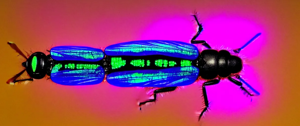 Image similar to high quality photo glowy iridescent mutant fly! jeweled very beautiful! highly detailed digital art david ligare elson peter cinematic purple neon lighting high quality low angle hd 8k sharp shallow depth of field