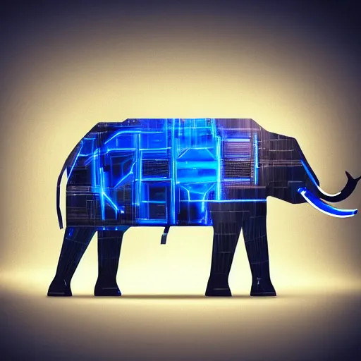 Image similar to futuristic cybertronic elephant, mechanical, blue tusks