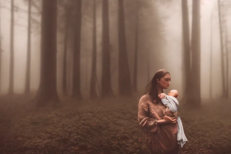 Image similar to a cinematic photo of a young woman with dark hair holds a baby in a dark, foggy forest, closeup, masterpiece