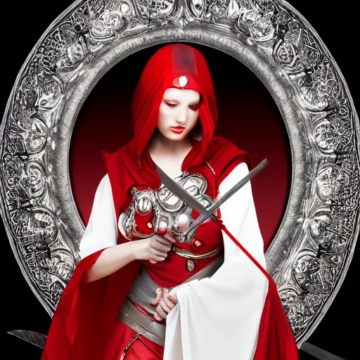 Image similar to a beautiful woman in a crimson cloak holding a glowing white spear and an obsidian shield, silver intricate armor, spotlight, ornate, realistic, fantasy art