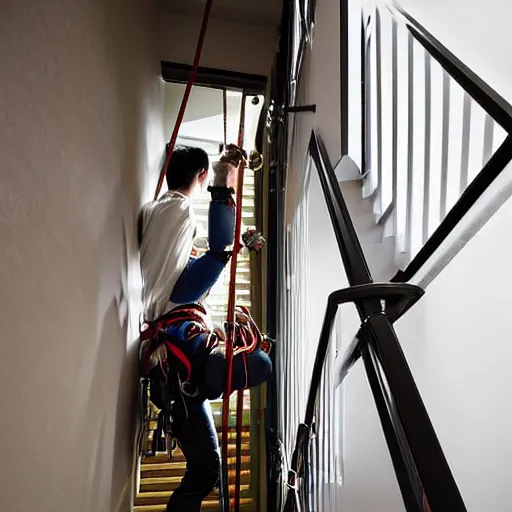 Image similar to A climbing expedition climbing the stairs of a regular apartment building. They are using ropes, pickaxes and other professional climbing gear in order to climb the stairs. Photograph, f/8, room lighting, indoor