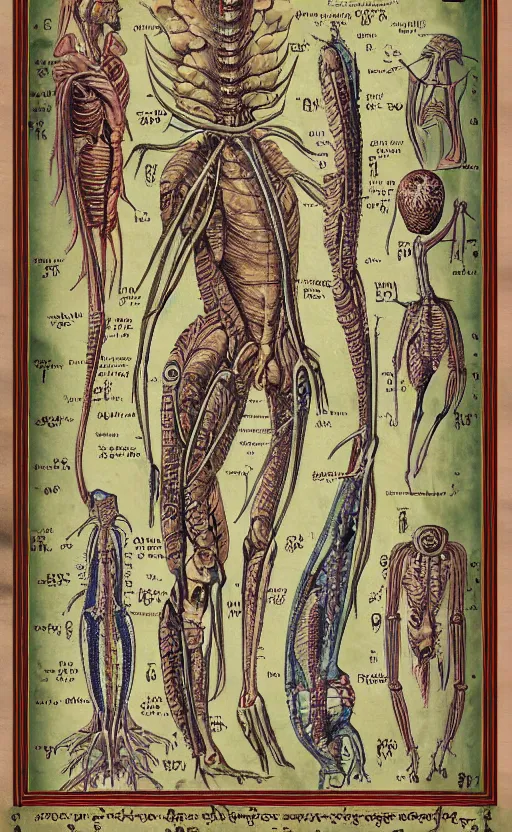 Prompt: educational wall scroll of alien anatomy, medieval scripture
