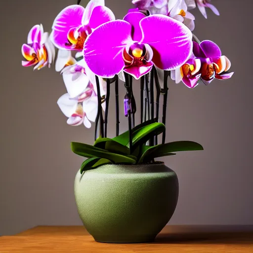 Prompt: real life photo of orchid with many flowers, still life, realistic, 8 k, macro photo, iso 1 0 0, shutter speed 1 2 5, aperture 8,