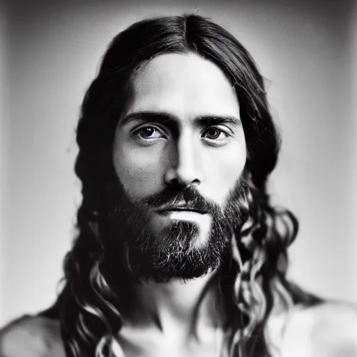 Image similar to photograph portrait of Jesus Christ, B&W, Vogue magazine, modelling photography, taken on 1970s kodak camera, grainy, kodak, fashionable, 4k, very realistic, hiper detailed, studio, 35mm